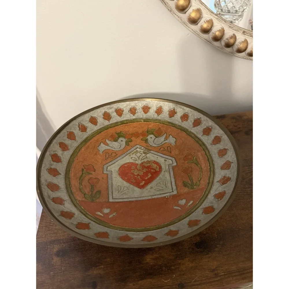 Vintage Solid Brass Hand Painted Folk Art Pedestal Bowl India Heart Dove 11